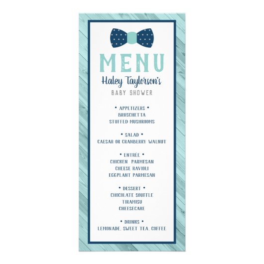 Bow Stropdas Baby shower Menu Kaart, blauw en grij (Voorkant)