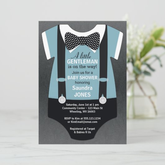 Bow Stropdas Baby shower Uitnodiging, Suspender Ui Kaart (Staand voorkant)