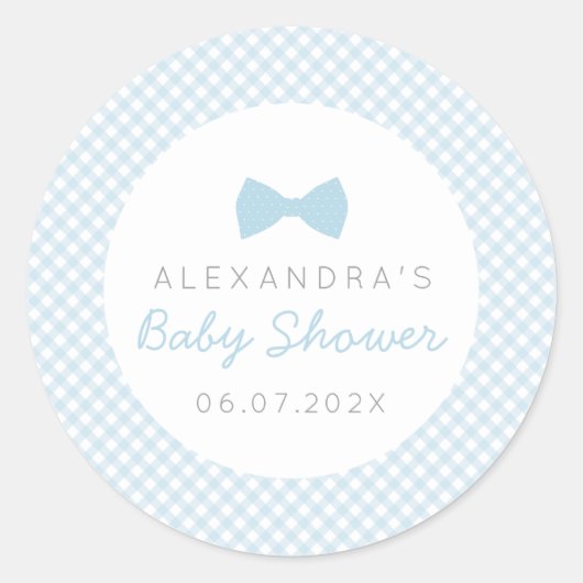 Bow stropdas blue gingham baby shower ronde sticker (Voorkant)
