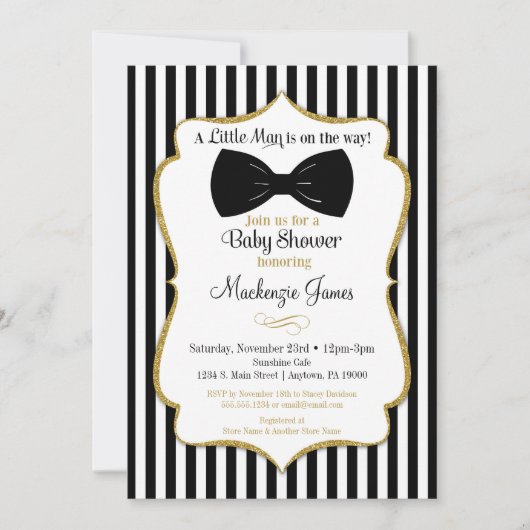 Bow Stropdas Boy Baby shower Invitation Black Gold Kaart (Voorkant)