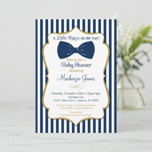 Bow Stropdas Boy Baby shower Invitation Navy Blue  Kaart (Staand voorkant)