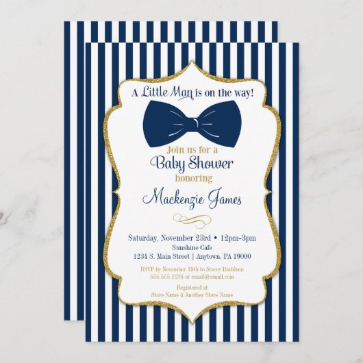 Bow Stropdas Boy Baby shower Invitation Navy Blue Kaart (Voorkant / Achterkant)