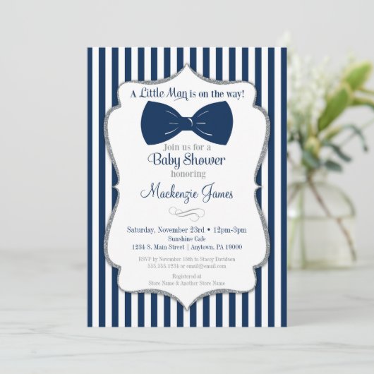 Bow Stropdas Boy Baby shower Invitation Navy Silve Kaart (Staand voorkant)