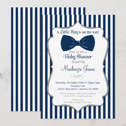 Bow Stropdas Boy Baby shower Invitation Navy Silve Kaart (Voorkant / Achterkant)