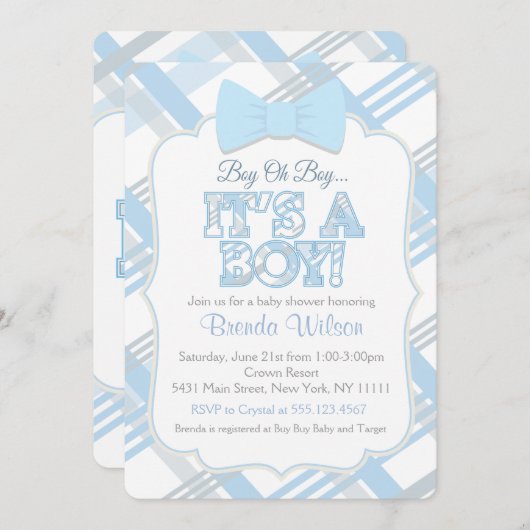 Bow-Stropdas en Blue Plaid Baby shower Kaart (Voorkant / Achterkant)