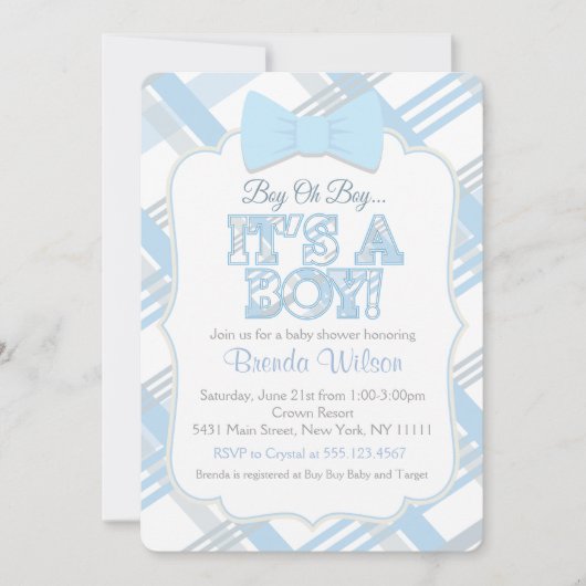 Bow-Stropdas en Blue Plaid Baby shower Kaart (Voorkant)