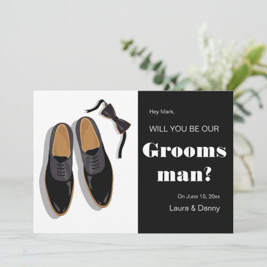Bow Stropdas en Dress Shoes Groomsman Request Kaart (Staand voorkant)