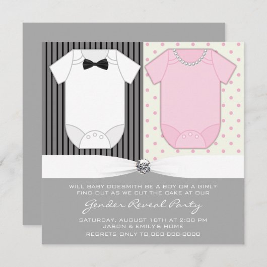 Bow Stropdas en Parels Gender Reveal Kaart (Voorkant / Achterkant)