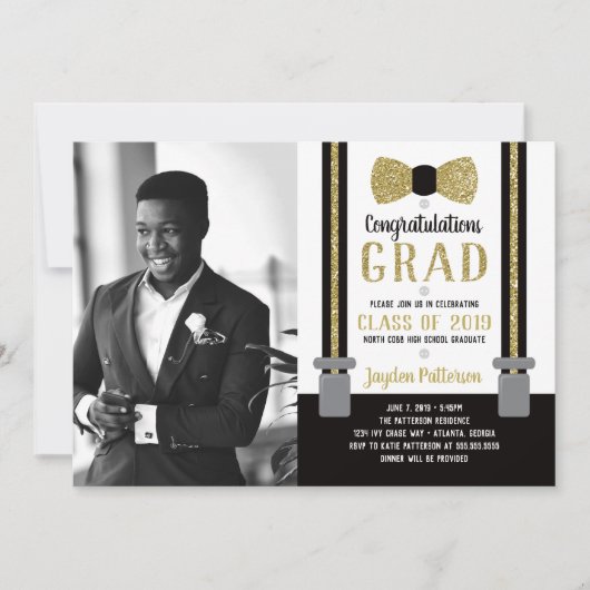 Bow Stropdas Graduparty Invitation, Black, Gold Kaart (Voorkant)