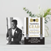 Bow Stropdas Graduparty Invitation, Black, Gold Kaart (Staand voorkant)