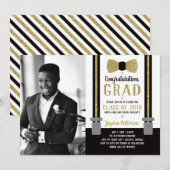 Bow Stropdas Graduparty Invitation, Black, Gold Kaart (Voorkant / Achterkant)