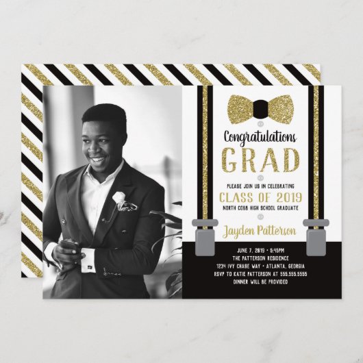 Bow Stropdas Graduparty Invitation, Black, Gold Kaart (Voorkant / Achterkant)