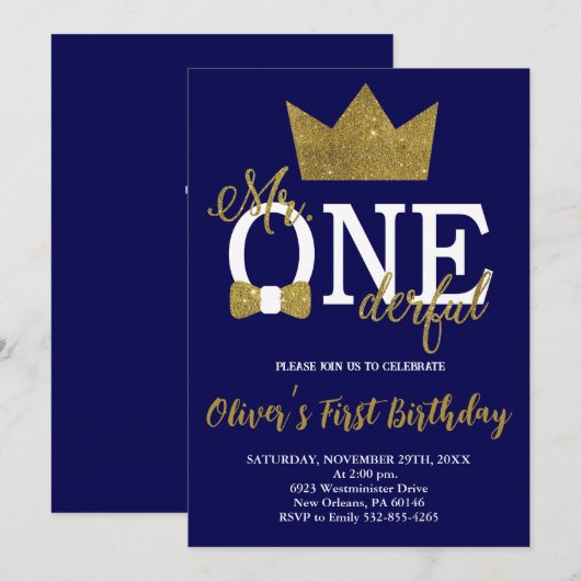 Bow Stropdas, Navy & Gold Little Man, Mr. Onederfu Kaart (Voorkant / Achterkant)