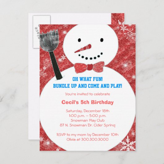 Bow stropdas Sneeuwman Kinder Winter Verjaardagsfe Uitnodiging Briefkaart (Voorkant / Achterkant)