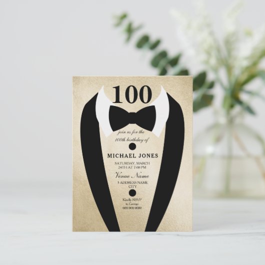 Bow Stropdas Tuxedo Gold 100th Birthday Party Invi Kaart (Staand voorkant)