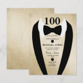 Bow Stropdas Tuxedo Gold 100th Birthday Party Invi Kaart (Voorkant / Achterkant)
