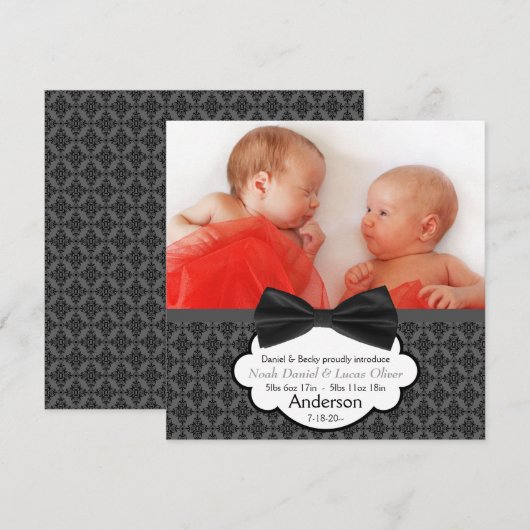 Bow Stropdas Twin Baby Boy Fotoaankondiging Aankondiging (Voorkant / Achterkant)