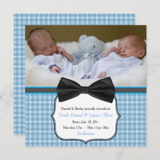Bow Stropdas Twin Baby Boy Fotoaankondiging Aankondiging (Voorkant / Achterkant)