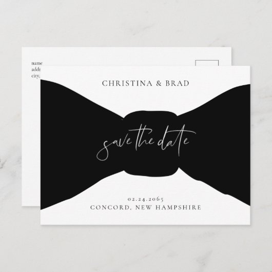 Bow Stropdas zwart-wit Save the Date Announounding Briefkaart (Voorkant / Achterkant)
