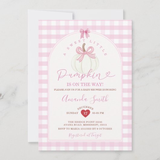 Bow Sweet Little Pumpkin Pink Gingham Baby Shower Kaart (Voorkant)