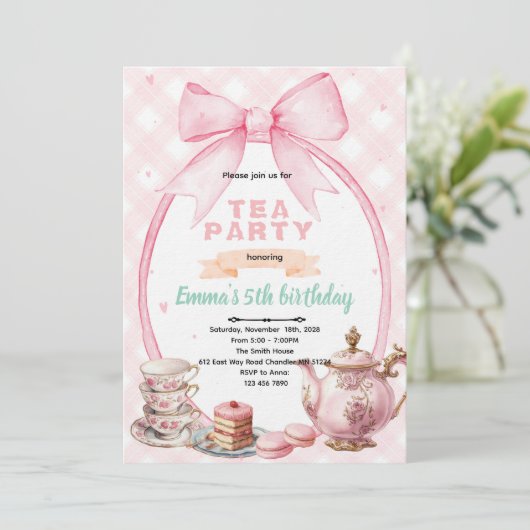 Bow tea party Invitation Kaart (Staand voorkant)
