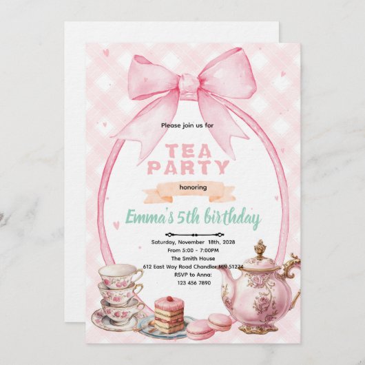 Bow tea party Invitation Kaart (Voorkant / Achterkant)