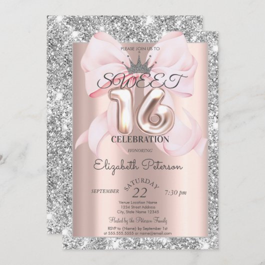 Bow,Tiara,Rose Gold Silver Glitter Sweet 16  Kaart (Voorkant / Achterkant)