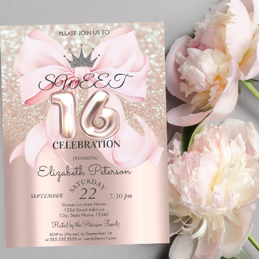 Bow,Tiara,Rose Gold Sweet 16 Glitter Bokeh Kaart