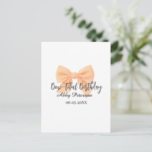 Bow-tiful birthday orange bow name date simple pas briefkaart (Staand voorkant)