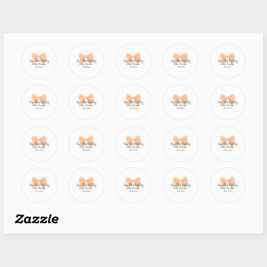 Bow-tiful birthday orange bow name date simple pas ronde sticker (Vel)