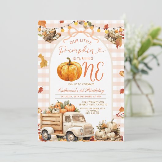 Bow Truck Pompoen 1e Verjaardag Herfst Herfst Bloe Kaart (Staand voorkant)