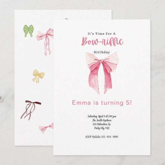 Bow Verjaardag Uitnodiging Klein Meisje Verjaardag (Voorkant / Achterkant)