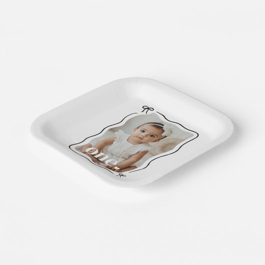 Bow Wavy Border Foto 1e verjaardag Papieren Bordje (Gebogen)