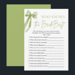 Bow Who Knows De Bruid Beste Vrijgezellenfeest Spe Kaart<br><div class="desc">Test de kennis van je gasten met onze Who Knows The Bride Best Vrijgezellenfeest Game. Met zijn charmante groene boog ontwerp, voegt dit spel een vleugje elegantie toe aan uw viering, terwijl gasten strijden om te zien wie de bruid het beste kent. Van trivia over haar favoriete dingen tot gedeelde...</div>