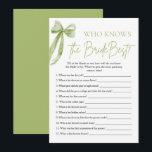 Bow Who Knows De Bruid Beste Vrijgezellenfeest Spe Kaart<br><div class="desc">Test de kennis van je gasten met onze Who Knows The Bride Best Vrijgezellenfeest Game. Met zijn charmante groene boog ontwerp, voegt dit spel een vleugje elegantie toe aan uw viering, terwijl gasten strijden om te zien wie de bruid het beste kent. Van trivia over haar favoriete dingen tot gedeelde...</div>