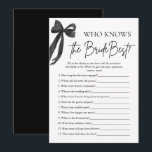Bow Who Knows De Bruid Beste Vrijgezellenfeest Spe Kaart<br><div class="desc">The Black Bow Who Knows The Bride Best Vrijgezellenfeest Game is een leuke en elegante manier om gasten te vermaken tijdens het vieren van de bruid-to-be! Met een chique ontwerp van de zwarte boog, daagt dit spel vrienden en familie uit om vragen over de bruid te beantwoorden, van haar favoriete...</div>