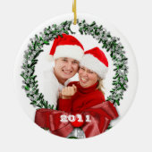 Bow Wreate Family Fotokerstversiering Keramisch Ornament (Achterkant)