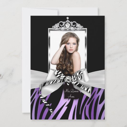 Bow & Zebra Print Paars zwarte foto Quinceanera Kaart (Voorkant)