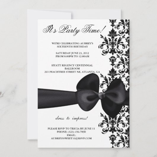 Bowed Damask Accented 5 x 7 Invite [Black] Kaart (Achterkant)