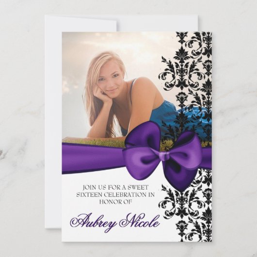 Bowed Damask Accented 5 x 7 Invite [Paars] Kaart (Voorkant)