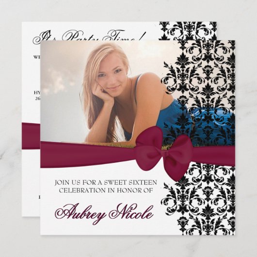 Bowed Damask Accented Invite (Bourgogne) Kaart (Voorkant / Achterkant)