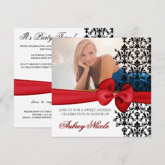 Bowed Damask Accented Invite [Red] Kaart (Voorkant / Achterkant)