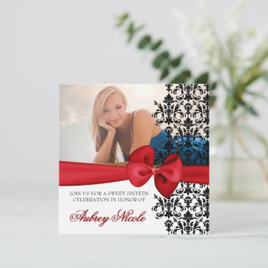 Bowed Damask Accented Invite [Red] Kaart (Staand voorkant)