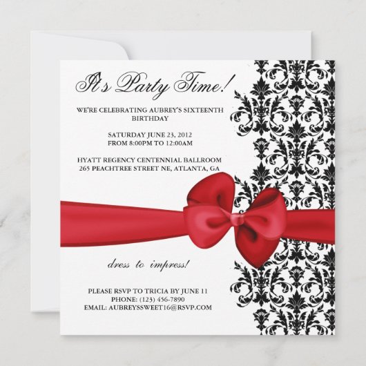 Bowed Damask Accented Invite [Red] Kaart (Achterkant)