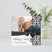 Bowed Floral Damask Afstuderen Invite [Black] Kaart (Staand voorkant)