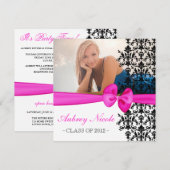 Bowed Floral Damask Afstuderen Invite [Hot Pink] Kaart (Voorkant / Achterkant)