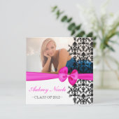 Bowed Floral Damask Afstuderen Invite [Hot Pink] Kaart (Staand voorkant)