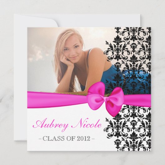 Bowed Floral Damask Afstuderen Invite [Hot Pink] Kaart (Voorkant)