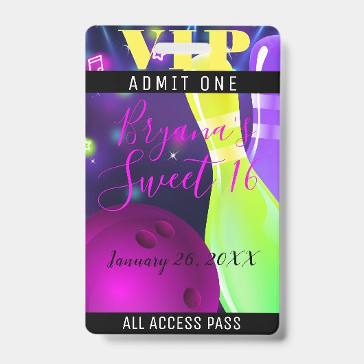 Bowl Glow Bowling Verjaardagsfeest Licht VIP Pas Badge (Voorzijde)