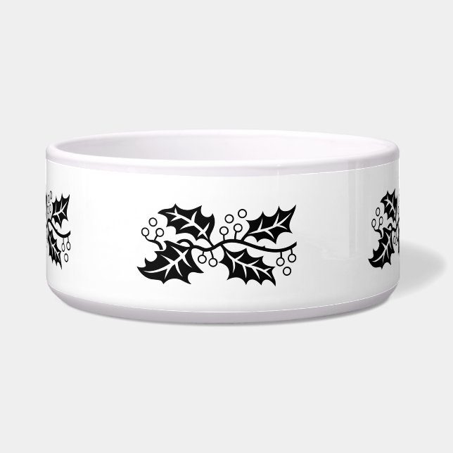 Bowl - Holly Leaves in Black en White Voerbakje (Voorkant)